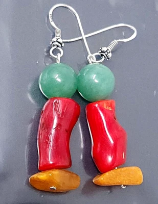Vintage Sterling Silver Baltic Butterscotch Amber Coral Jade Pierced Earrings - Image 1 of 4