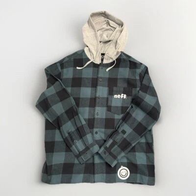 NUEVO CON ETIQUETAS Camisa con Capucha Neff a Cuadros con Botones Azul/Negro Franela a Cuadros Manga Larga Foto 1 de 4