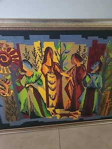 Vintage French Les Quatre Saisons Four Seasons Wool Needlepoint Wall Mural 35x28 - Picture 1 of 9