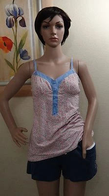 TOMMY HILFIGER 花卉细肩带睡衣上衣/衬衫和蓝色短裤套装,L — 第 1/4 张图片