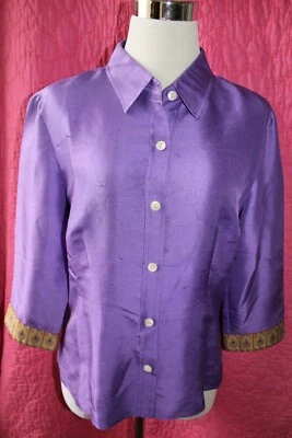 Blusa HAROLDS Púrpura Seda Botón Talla 10 Cuello Manga 3/4 Puños Brocado Foto 1 de 4