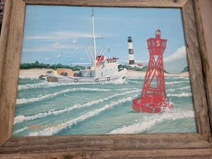 Vtg Framed Fishing Boat Lighthouse Nautical Original Art Painting Buoy Signed - Picture 1 of 16