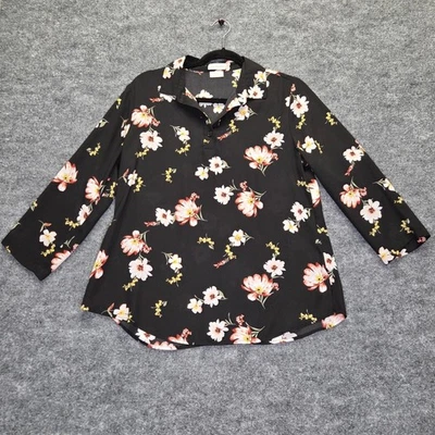 Van Heusen 衬衫女式小号黑色花卉纽扣衬衫 3/4 袖聚酯纤维 — 第 1/4 张图片