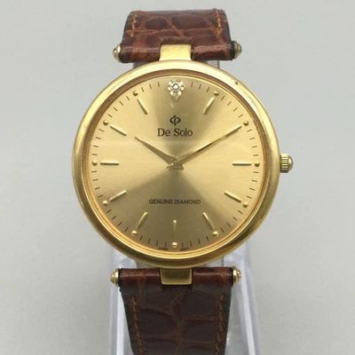 De Solo Watch Women 32mm Diamond 18K Gold Plated Brown Leather Strap New Battery - Image 1 of 4