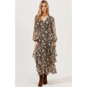 ASTR The Label Raleigh Midi Dress XS Floral Black Ruffle Long Sleeve - Picture 1 of 6