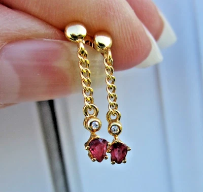 18K Solid Yellow Gold Ruby & Diamond Dangle Drop Chain Earrings - Image 1 of 4