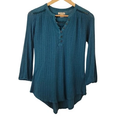Lucky Brand Linen Blend Top Henley Women Size XS Teal Blue Boho Y2K Lagenlook - Image 1 of 4