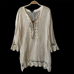 Brittany Black Boho Crochet Lace Up Sweater Women L Cream Scallop Beach Cover Up - Picture 1 of 10