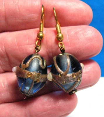 BLUE ART GLASS EARRINGS GOLD TONED DANGLE PIERCED - Image 1 of 2