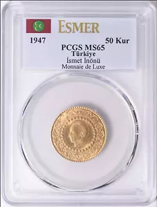 Turkey: 1947 Gold 50 Kurush Monnaie de Luxe Ismet Inönü KM-876  MS-65, PCGS Top! - Picture 1 of 2