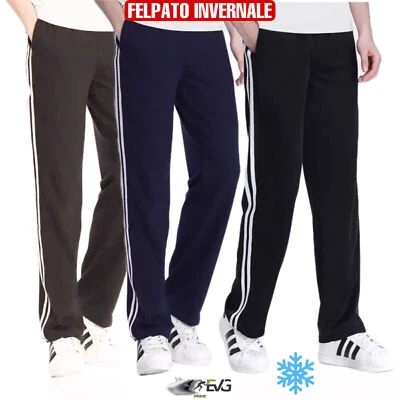 PANTALONE UOMO FELPATO DIRITTO BANDE CASA TUTA SPORTIVA FITNESS LAVORO PALESTRA - Immagine 1 di 4