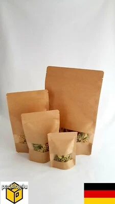 PACKING4U Standbodenbeutel Kraftpapier Sichtfenster Doypack Tüte Druckverschluss ZIP Bio