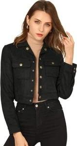 Allegra K Women Faux Suede Jacket Button Down Collar Pockets Crop Moto Sz. S NWT - Picture 1 of 12