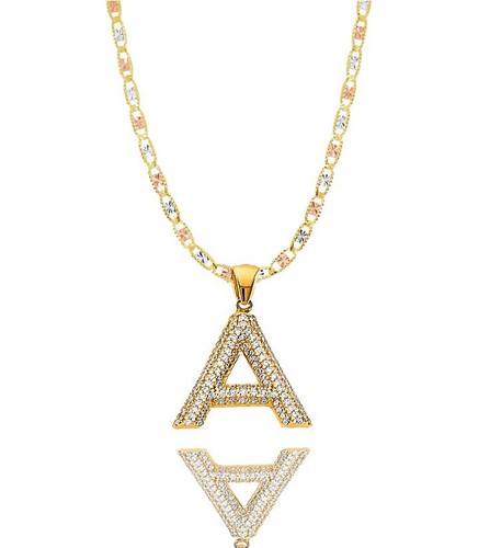 Ciondolo ciondolo alfabeto A iniziale zirconi oro massiccio 14 kt bicolore con catena Valentino