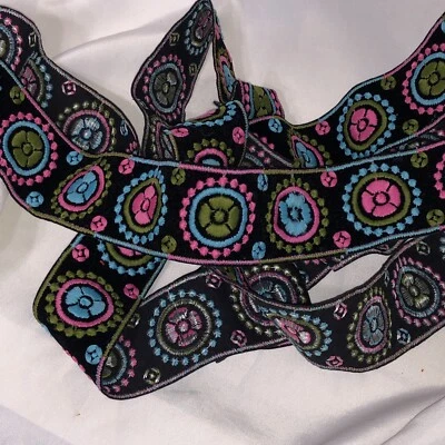 Vintage 70s 2” Black Velvet Ribbon Trim Velour Webbing Floral Embroidery Decor - Image 1 of 4
