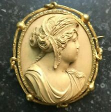 Victorian Lava Stone Brooch of a woman, gilded metal, mid 19th century