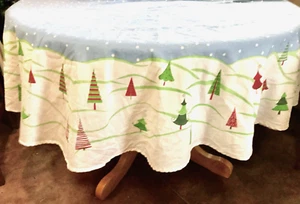 Tablecloth  CHRISTMAS TREES Blue Center~White Border~Red & Green Trees~Round 70" - Picture 1 of 10