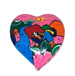 Peru Anden Schmuckschatulle mit Deckel handgefertigt Dorfszene Herzform 3" - Bild 1 von 7