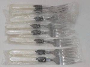 SET OF 8 HAMPTON SILVERSMITHS STAINLESS FAUX PEARL HANDLES FORKS NEW - Picture 1 of 6