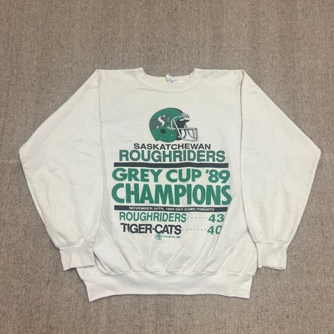 Vintage Saskatchewan Roughriders Sweatshirt Large White 1989 Champions CFL Cover