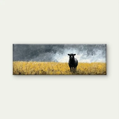 Panoramic Black Lamb in Yellow Fields Canvas Print Wall Art Home Decor - Image 1 of 4