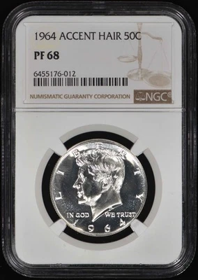 1964 Proof Kennedy Half Dollar 50c Accent Hair NGC PF68 - No RESERVE Auction! - Image 1 of 2