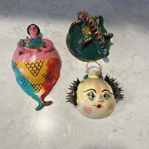 Vintage 3 MASKS coconut shell mexican handmade colorful folk art Tiki Bar Decor - Picture 1 of 9