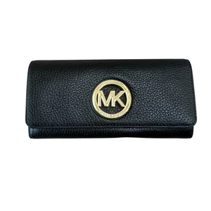 Portafoglio grande Michael Kors Fulton patta Continental nero pelle ciottoli $178 nuovo con etichette - Foto 1 di 5