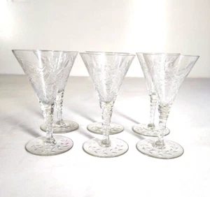 6 Etched Leaf Stem Footed Crystal Sherry Or Wine Glasses Light Weight 5" Tall - Picture 1 of 11