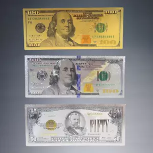 3 pezzi US GOLD + SILVER FOIL BEN FRANKLIN BANCONOTA DA $ 100 + 1928 GRANT SILVER FOIL $ 50 BILL - Foto 1 di 2