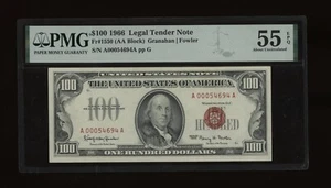 DBR 1966 $100 Legal Fr. 1550 PMG 55 EPQ Serial A00054694A - Picture 1 of 2