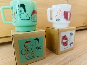 Barry McGee Milk Glass Mug Fire King made in Japan complete set of 2 jade wht - Picture 1 of 14