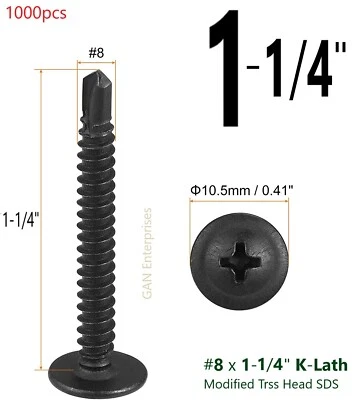 CYW ,IFG AND OTHERS Modified Truss Head Self Drilling / Tapping Screws #8 x 1-1/4" K-Lath Black 1000