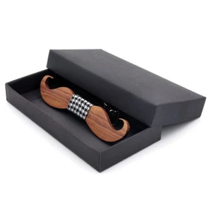 Classic Beard Wood Bow Tie Men's Gift Retro Bowtie Light Brown/Red With Box Case - Picture 1 of 12
