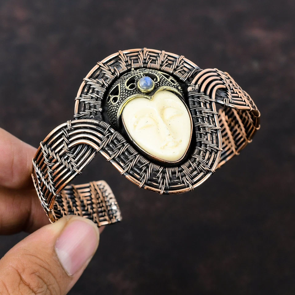 Bracelete ajustável com fio para presente cobre branco pedra esculpida - Imagem 1 de 4