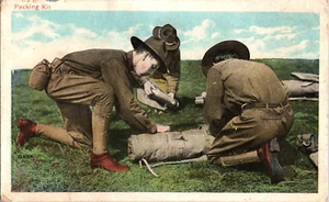 Postcard Military soldiers packing kit equipment ca 1918 WWI era - Picture 1 of 2