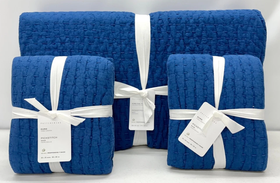 NOVA Colcha King Pottery Barn Pickstitch Algodão Linho com 2 Fatas EURO ~ Azul Capri - Imagem 1 de 1