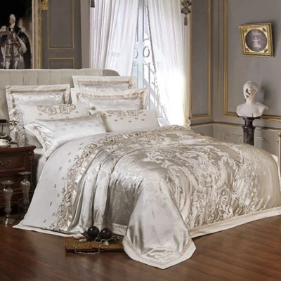 Sliver Gold Luxury Silk Satin Jacquard Cover Bedding Set   Embroidery Bed Set - Image 1 of 4