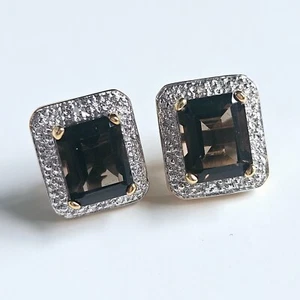 Emerald Cut Smokey Topaz Stud Earrings Gold over 925 Diamond Accents - Picture 1 of 6