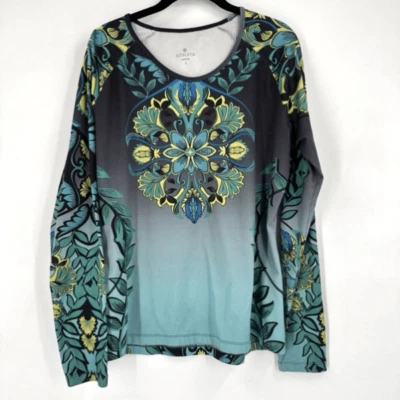 Top Athleta Runaway Manga Larga Yoga Azul/Verde Grande Activo Colorido Floral Foto 1 de 4