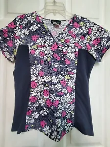 Cherokee Scrub Top Size S-Grey/Pink Floral w/stretch Sides-Chest 20"/L 24" - Picture 1 of 4