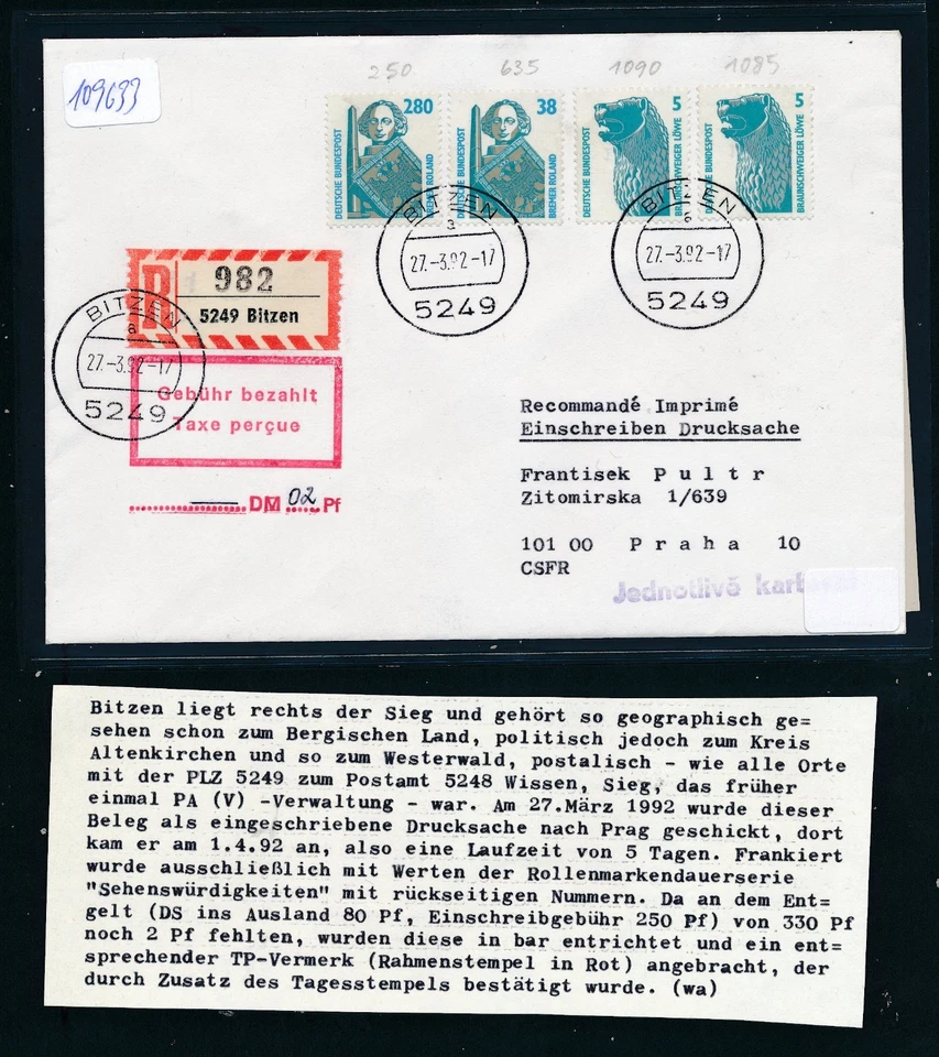 109633) Reco-DS in die CSSR, RZ 5249 Bitzen, K2 27.3.92, MiF 3,28DM + 2PF Geb bz - Bild 1 von 1