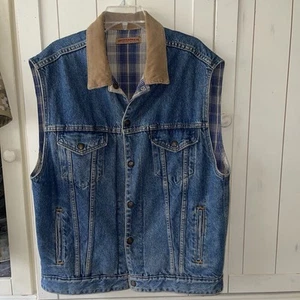VTG Levi Strauss & Co Denim Reversible Vest Blue Plaid Corduroy Lge Country Moto - Picture 1 of 14