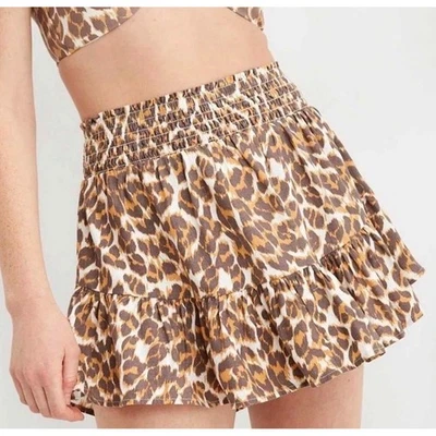 Aerie Linen Blend Brown Leopard Print Ruffle Mini Skirt Smocked Waist Medium - Image 1 of 4