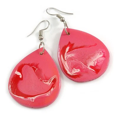 Pink Teardrop Wood Drop Earrings - 60mm Long - Image 1 of 4