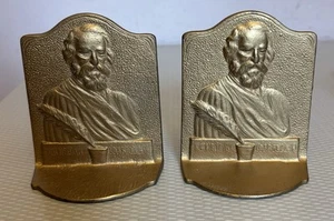 Par de sujetalibros vintage Henry W Longfellow de hierro fundido dorado bustos en relieve Academia - Imagen 1 de 10