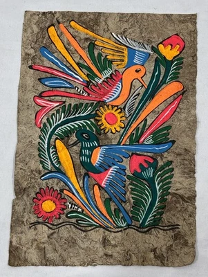 Pintura de arte popular mexicano original vintage sobre papel corteza amate aves del paraíso Foto 1 de 4