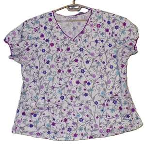 UA Scrubs Uniform Advantage Floral Top V-Neck Purple Blue Nurse - Picture 1 of 6