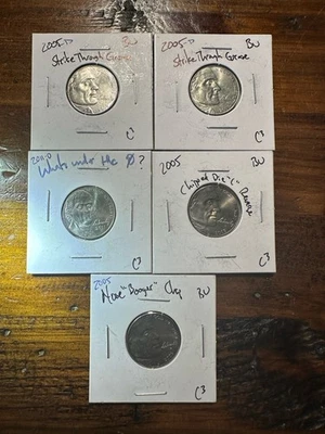 5 Jefferson nickel error lot 2005 and 2010 strike through grease and die chips - Image 1 of 4