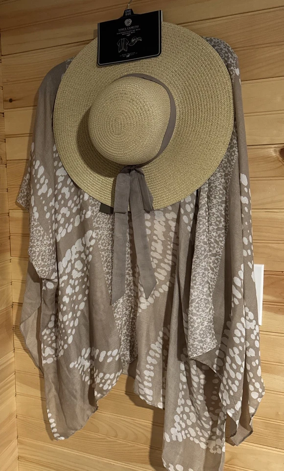 Vince Camuto Kimono Cover Up Hat Set Open Front brown White Floral One Size - Image 1 of 4